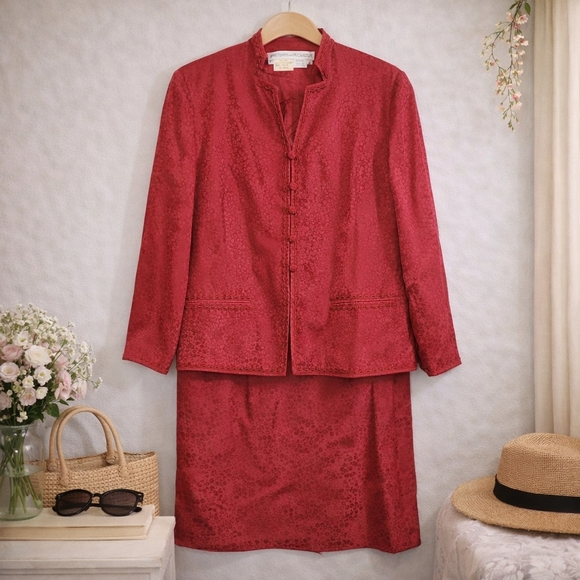 Anne Crimmins Dresses & Skirts - Vintage Silk Skirt Suit Anne Crimmins Hong Kong Red Jacquard Set 8